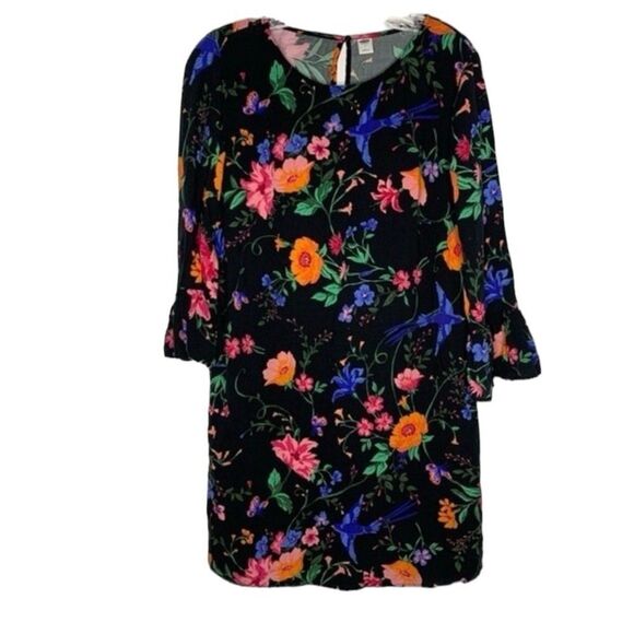 Old Navy Black Multi Color Floral Flare Flounce Sleeve Shift Dress Rayon M - Picture 1 of 11
